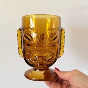 Vintage Indiana Glass Two-Faced Tiki Glass Amber | Mid-Century Luau Barware 6x4”